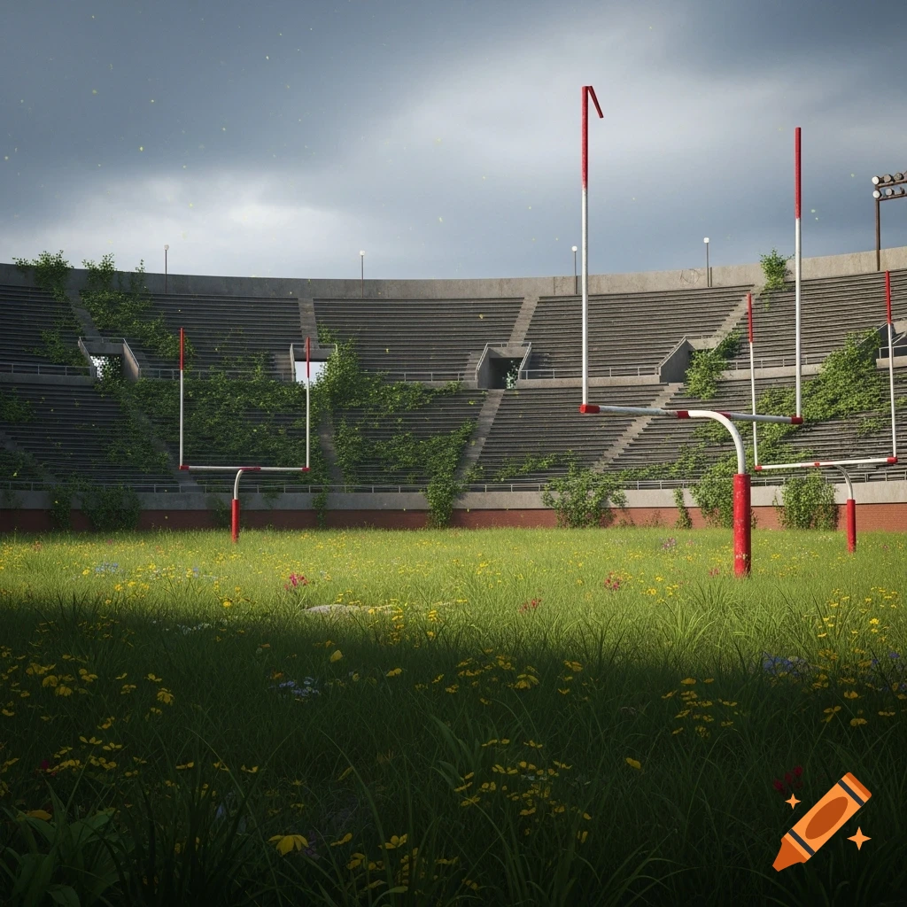An abandoned football stadium with goalposts, overgrown with tall grass and wildflowers on the field, and vines creeping up the concrete stands under a cloudy sky.