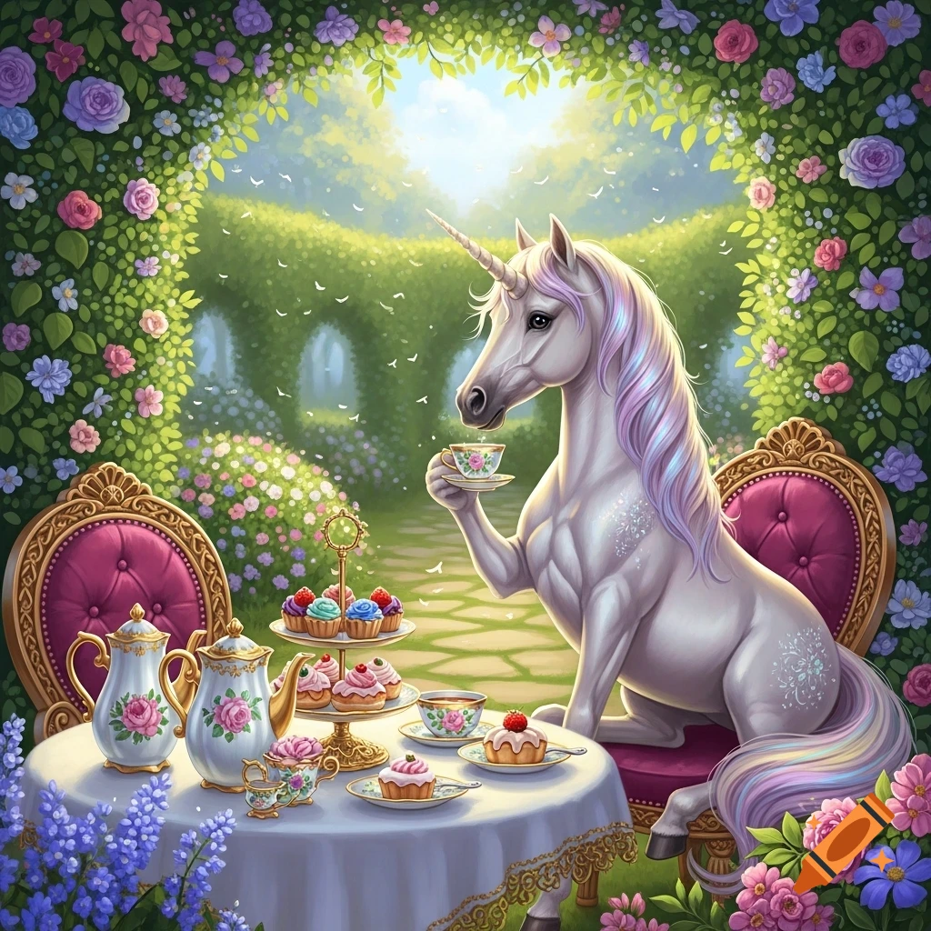 A whimsical unicorn with a rainbow mane sits at a tea party in an enchanted garden, sipping from a teacup.