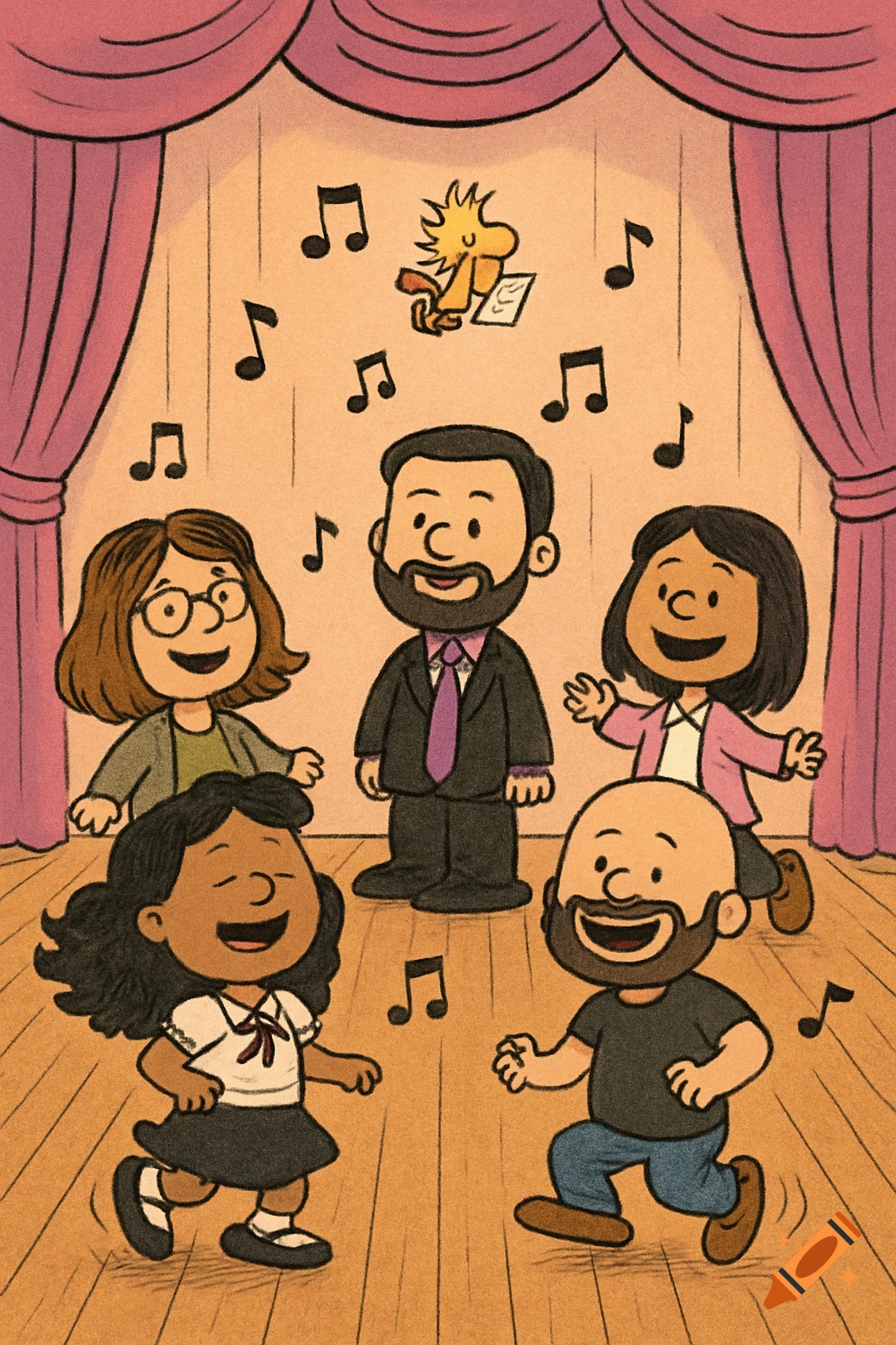 Five diverse cartoon characters and a Woodstock-like bird dance on a stage with musical notes, in Peanuts style.
