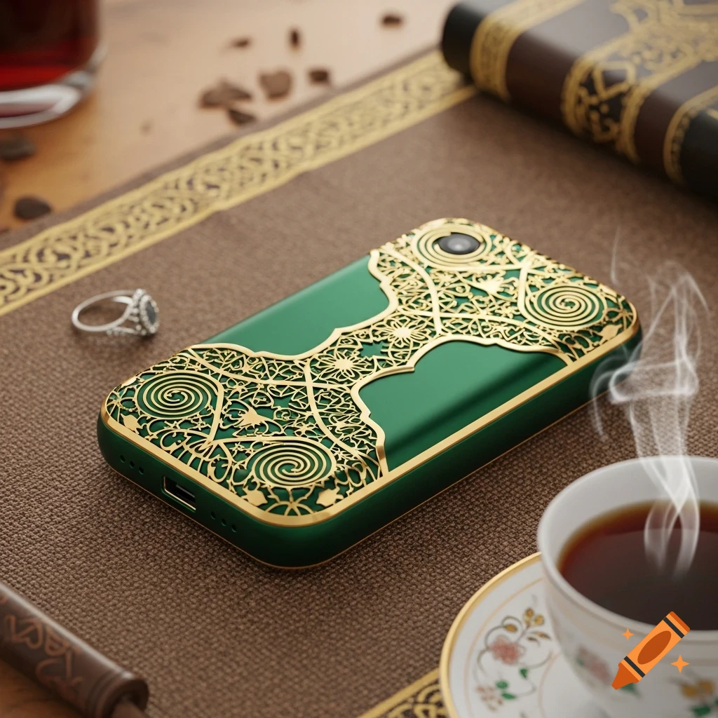 An ornate green and gold portable charger on a brown patterned mat next to a silver ring and a steaming teacup.