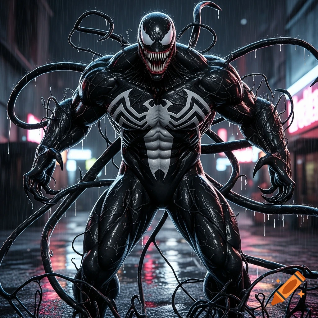 The Marvel character Venom, a muscular black symbiote with sharp teeth and tendrils, stands in a dark, rainy city street at night.
