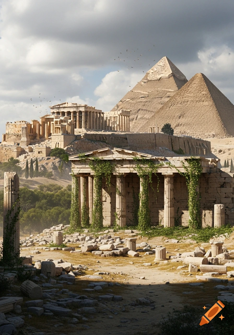 Photorealistic image of the Acropolis of Athens, heavily destroyed and overgrown with creepers, set against the backdrop of the Pyramids of Giza under a cloudy sky.