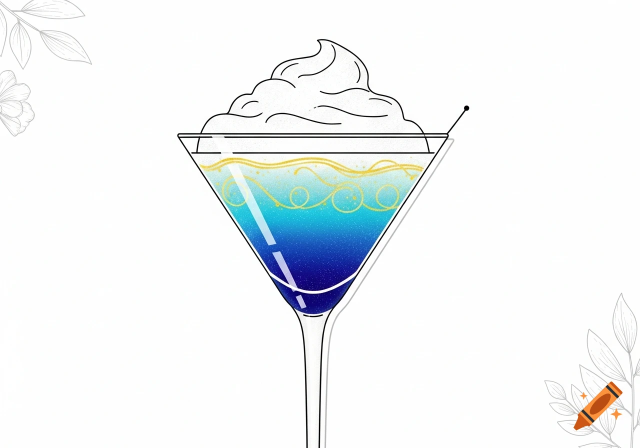 A simple line illustration of a blue cocktail with golden swirls and white whipped cream in a martini glass.