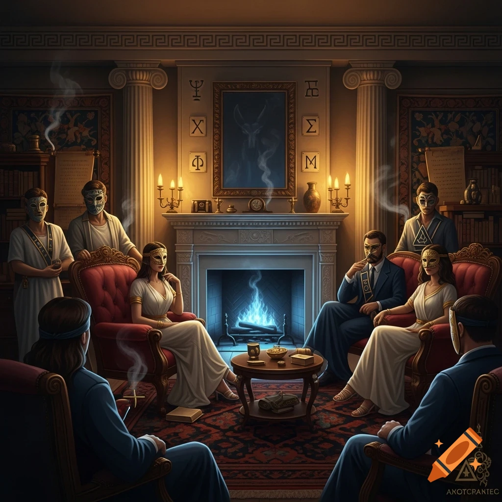 Masked individuals in ancient robes and suits gather around a table in a dimly lit, ornate room with a fireplace and symbolic decor.