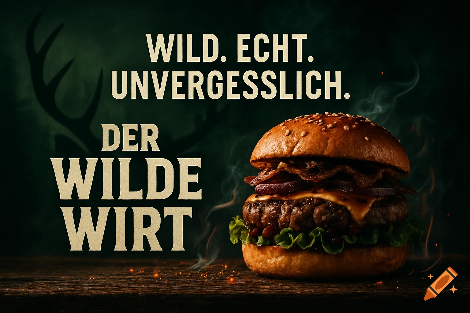 Mouth-watering wild burger on a rustic table with smoke, embers, and antler silhouette in a dark, high-contrast, photorealistic advertising banner.
