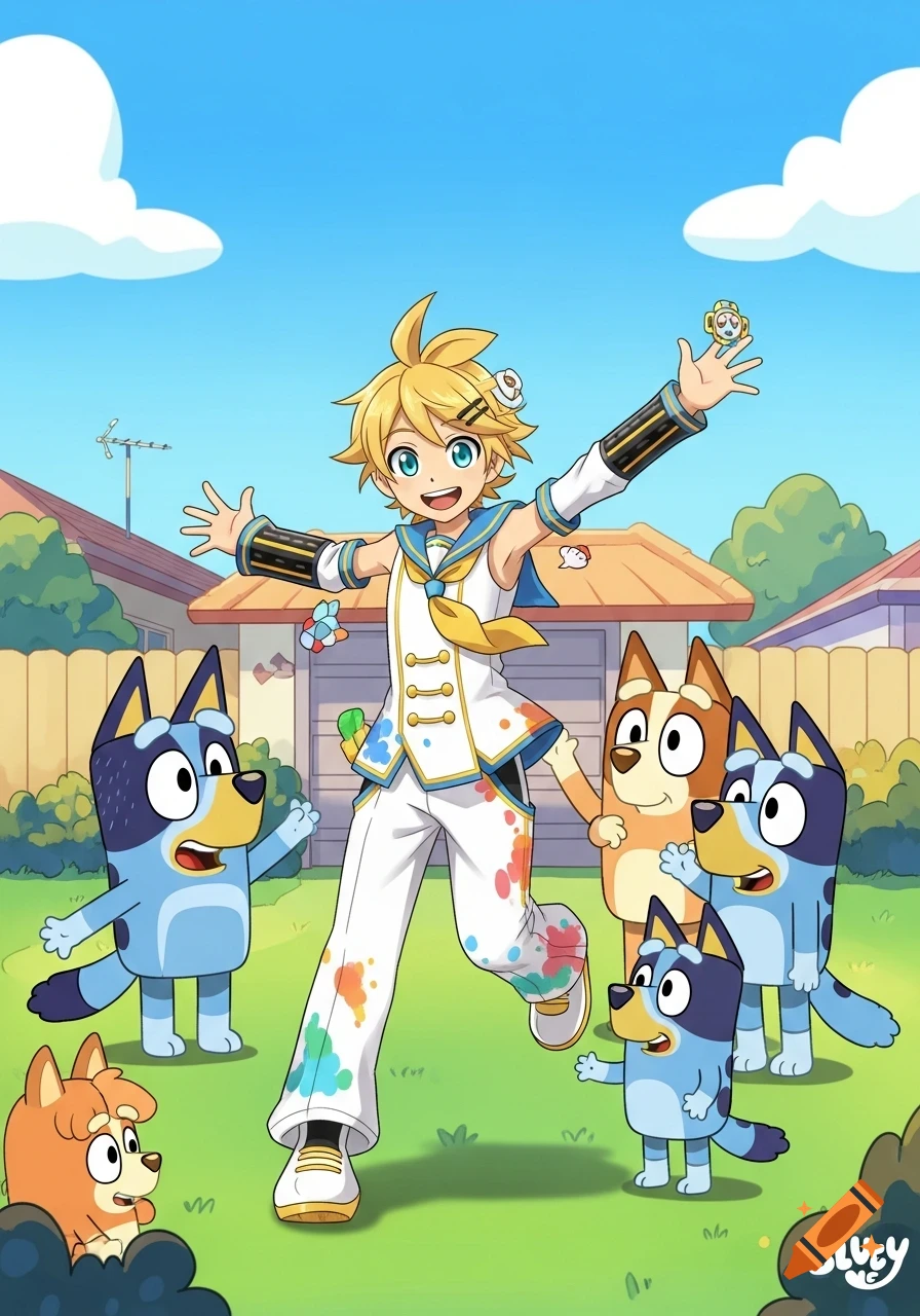 Len Kagamine, a male anime character, in a white and blue sailor outfit splattered with paint, poses with Bluey and Bingo characters in a cartoon backyard.