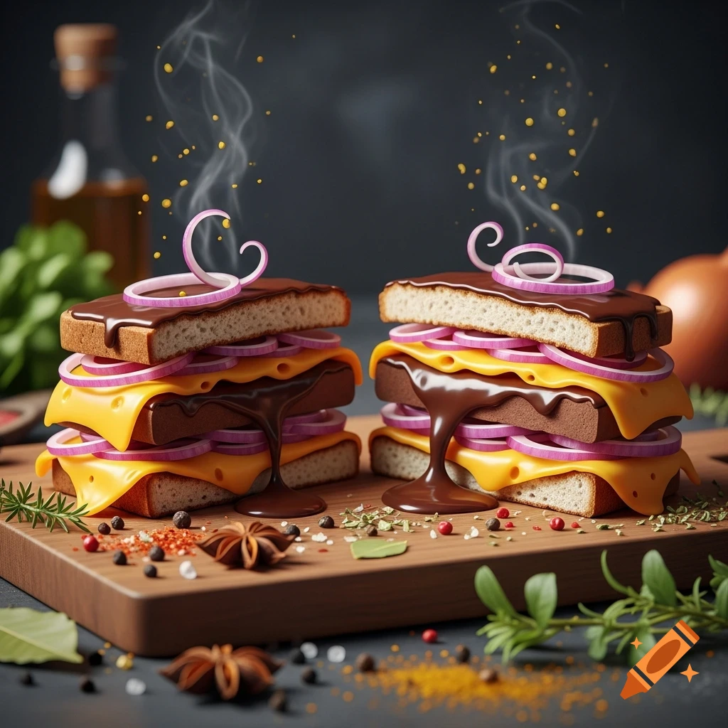 Two photorealistic sandwiches with chocolate, cheese, and purple onion rings, topped with stylized steam and spices on a wooden board.