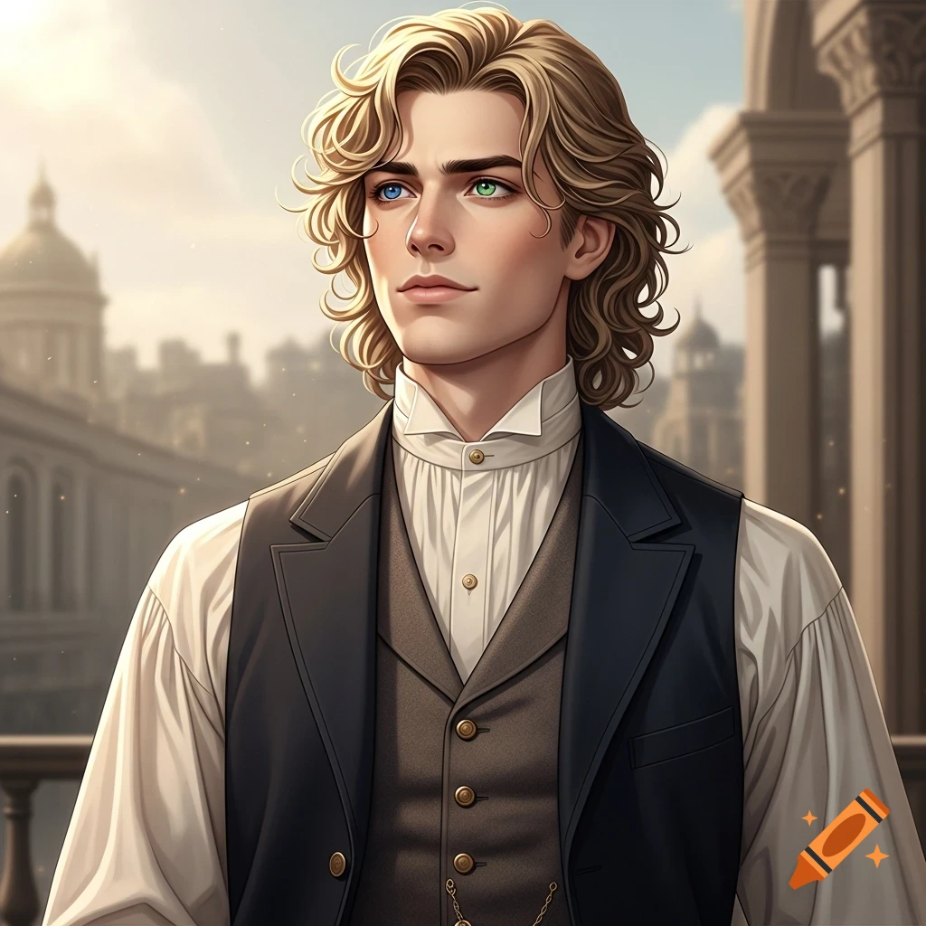 Digital art portrait of a man with long curly blonde hair, heterochromic eyes, in 1900s clothing, looking into the distance with a city background.