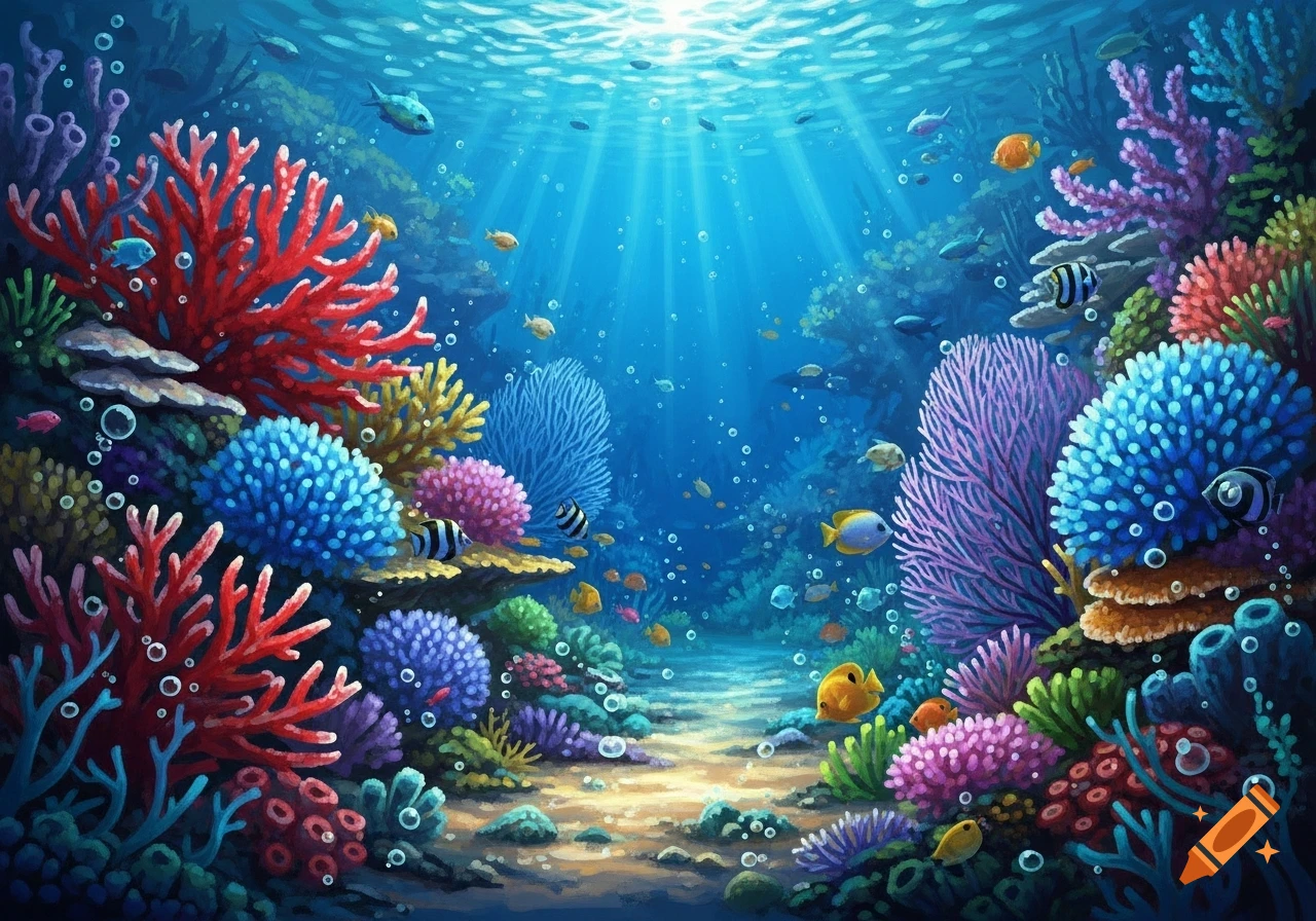 Vibrant underwater scene with colorful coral reefs, diverse fish, and sunlight filtering from the surface.