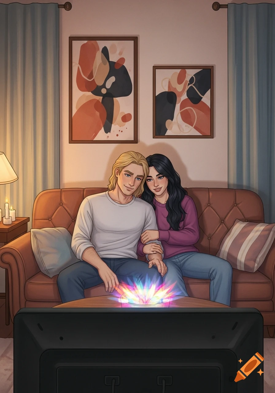 A smiling blonde man and dark-haired woman sit together on a brown couch watching TV in a cozy living room, digital illustration.