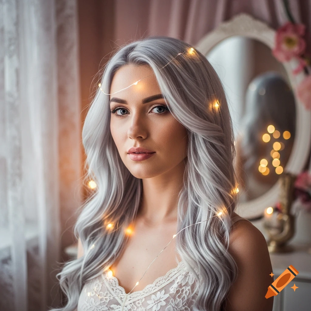 Photorealistic portrait of a woman with long silver hair and string ...