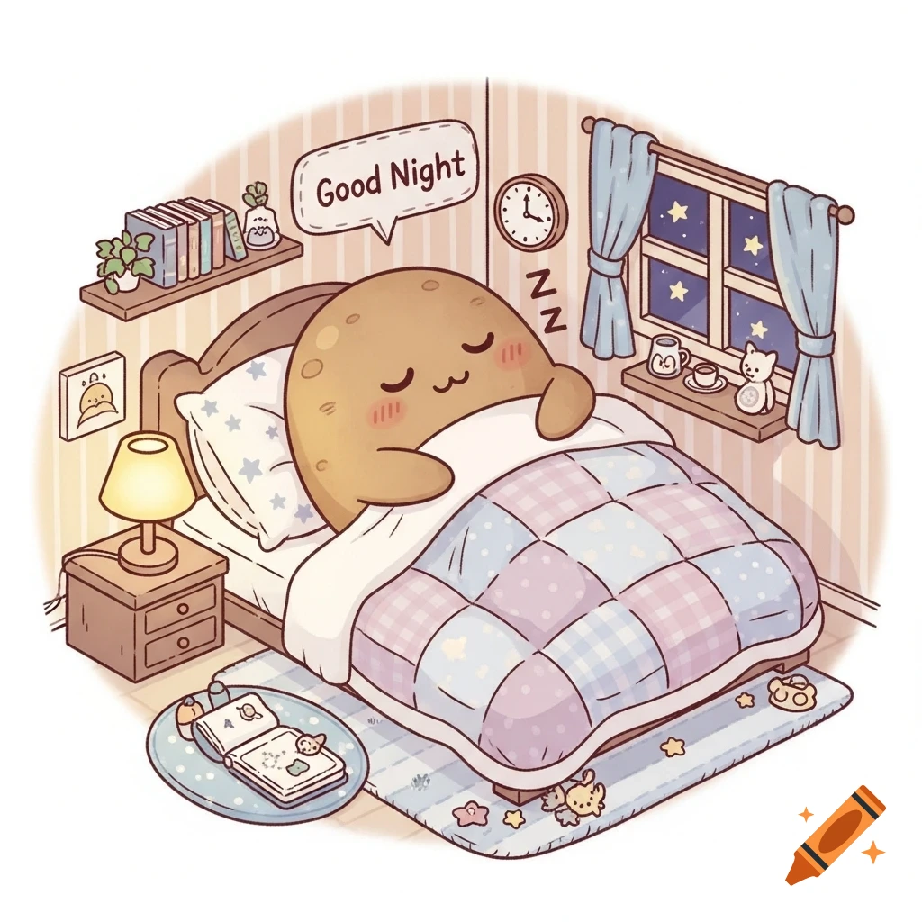 A cute, cartoon potato character with rosy cheeks sleeps soundly in a bed under a patchwork quilt, with a 'Good Night' speech bubble.