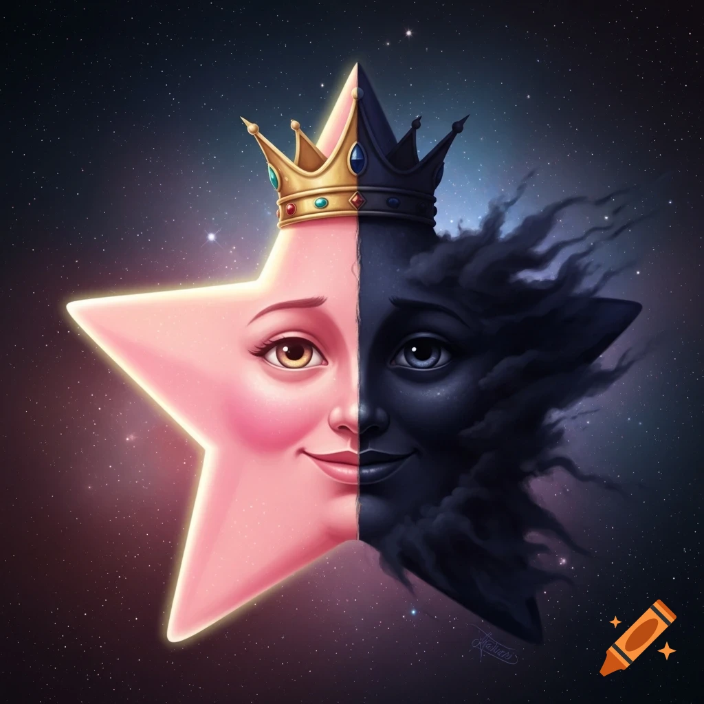 Stylized pink and dark star with two crowned faces, one friendly and one brooding, against a cosmic starry background.