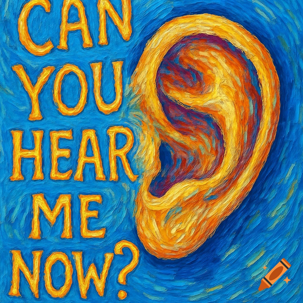 A Van Gogh style painting of an orange and yellow human ear on a blue background, with the text 'CAN YOU HEAR ME NOW?'