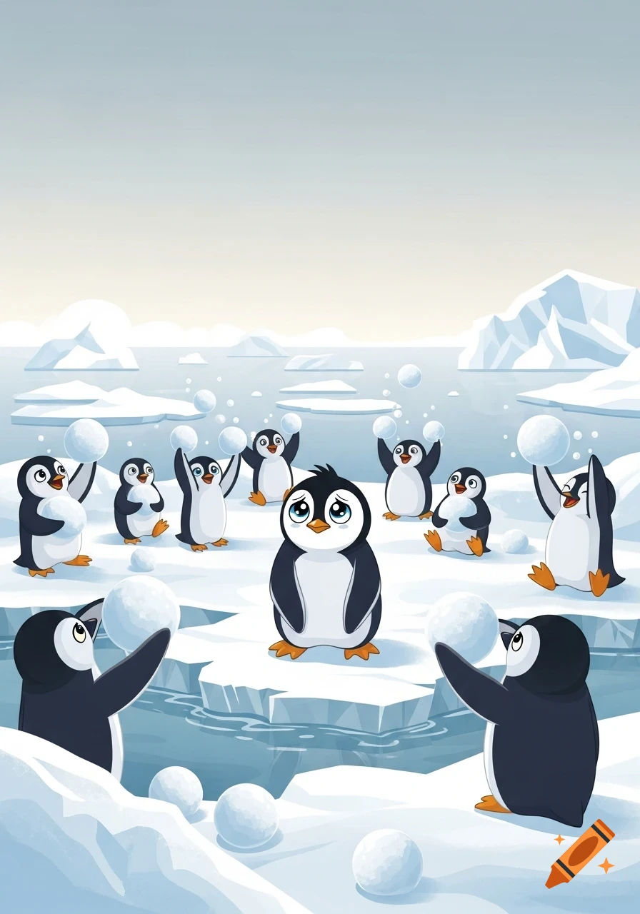 Cartoon penguins play a snowball fight in an arctic landscape, with one sad penguin in the foreground.