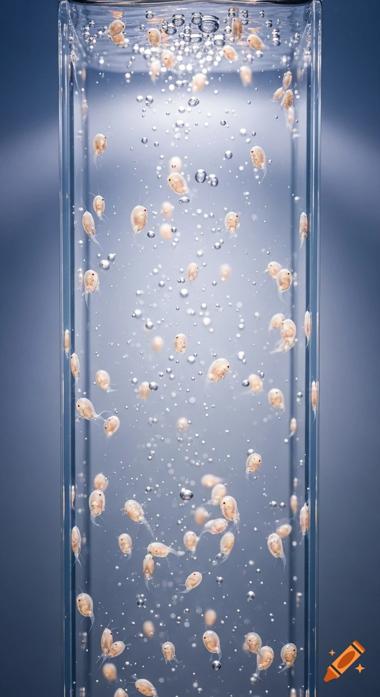 Numerous daphnia water fleas and bubbles float in a clear vertical aquarium tank against a blue background, photorealistic.
