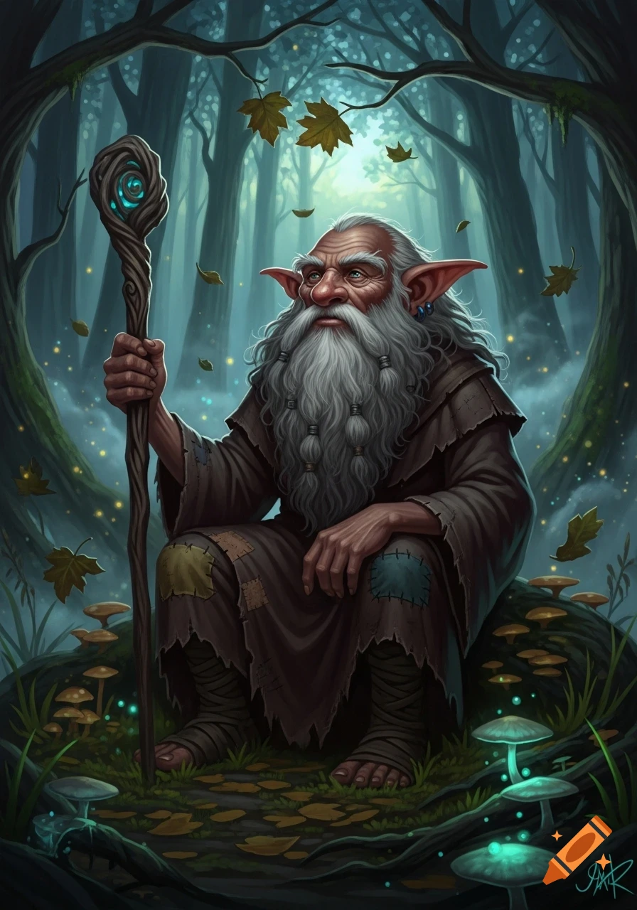 An old, bearded gnome with pointed ears and a staff sits in a magical forest with glowing mushrooms and falling leaves.