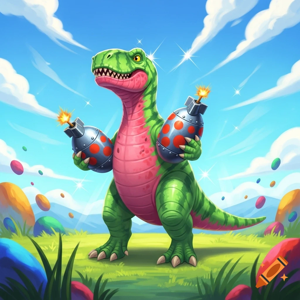 A vibrant cartoon watermelon-striped dinosaur stands in a grassy field under a blue sky, holding a lit bomb in each hand.