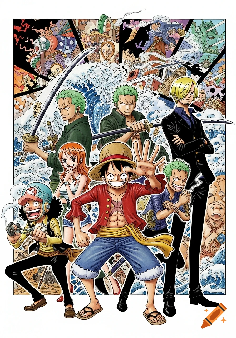 A vibrant anime illustration of One Piece characters Luffy, Zoro, Sanji, Nami, and Usopp, against a background of crashing waves and abstract elements.