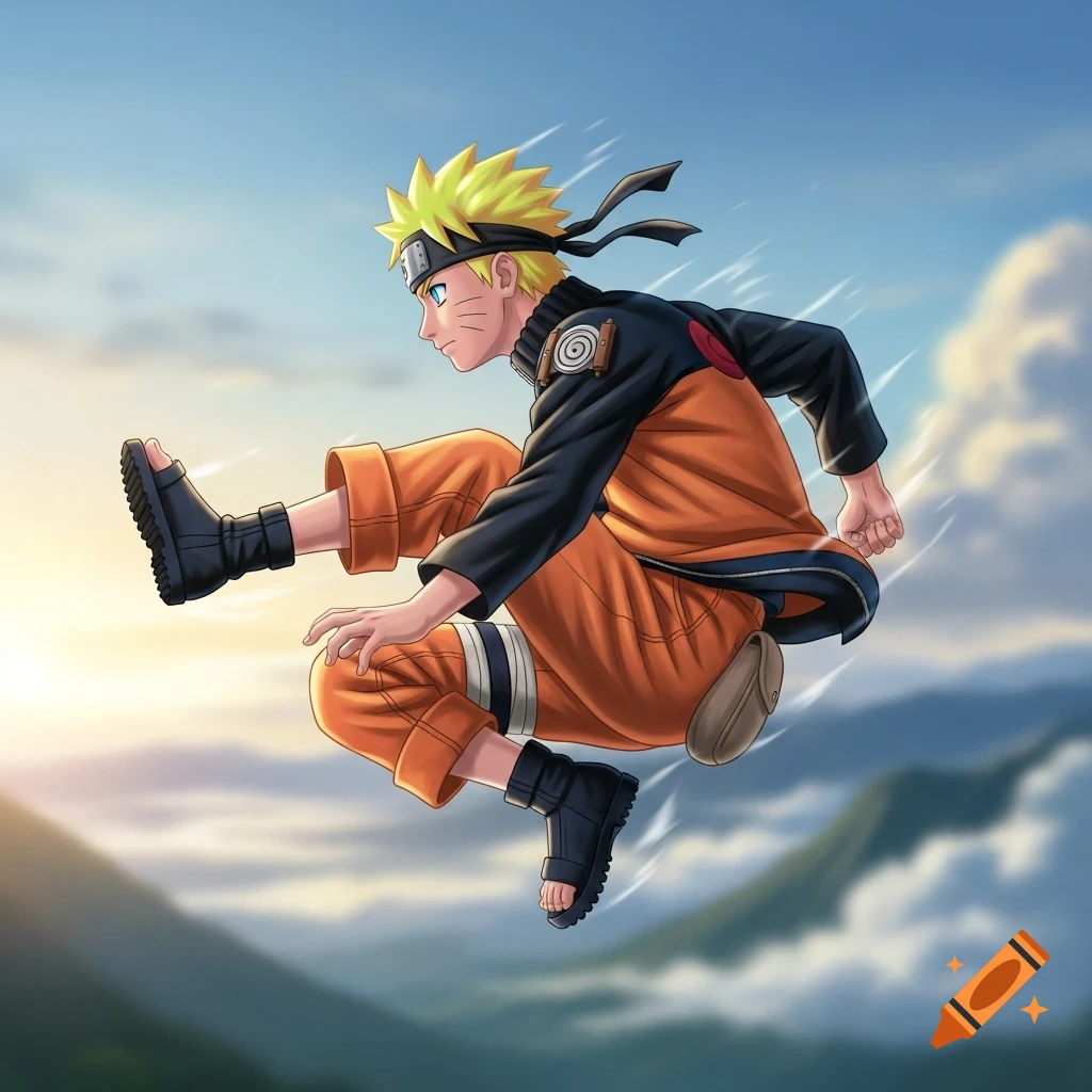 Naruto in anime style, jumping through the air with both legs up against a blue sky with distant mountains.