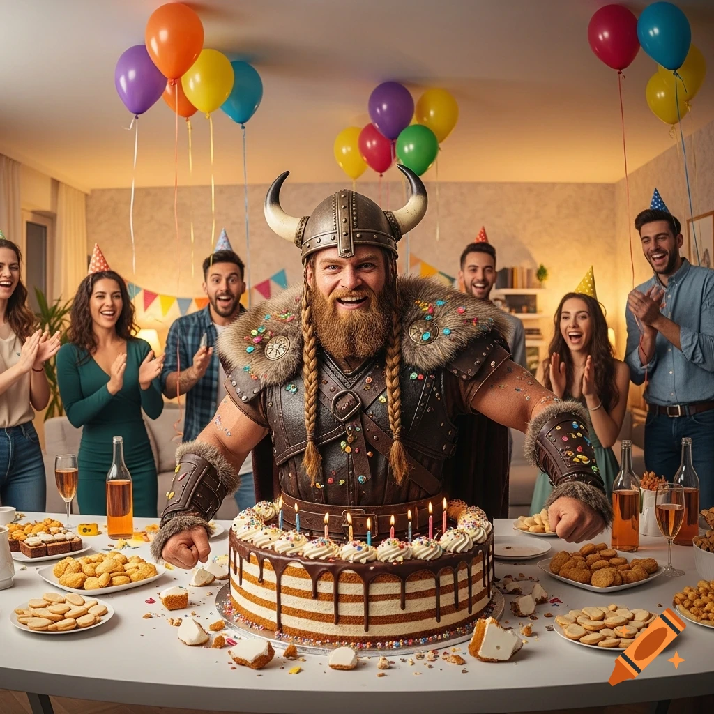 A photorealistic man dressed as a Viking emerges from a large birthday cake at a lively party with friends and balloons.
