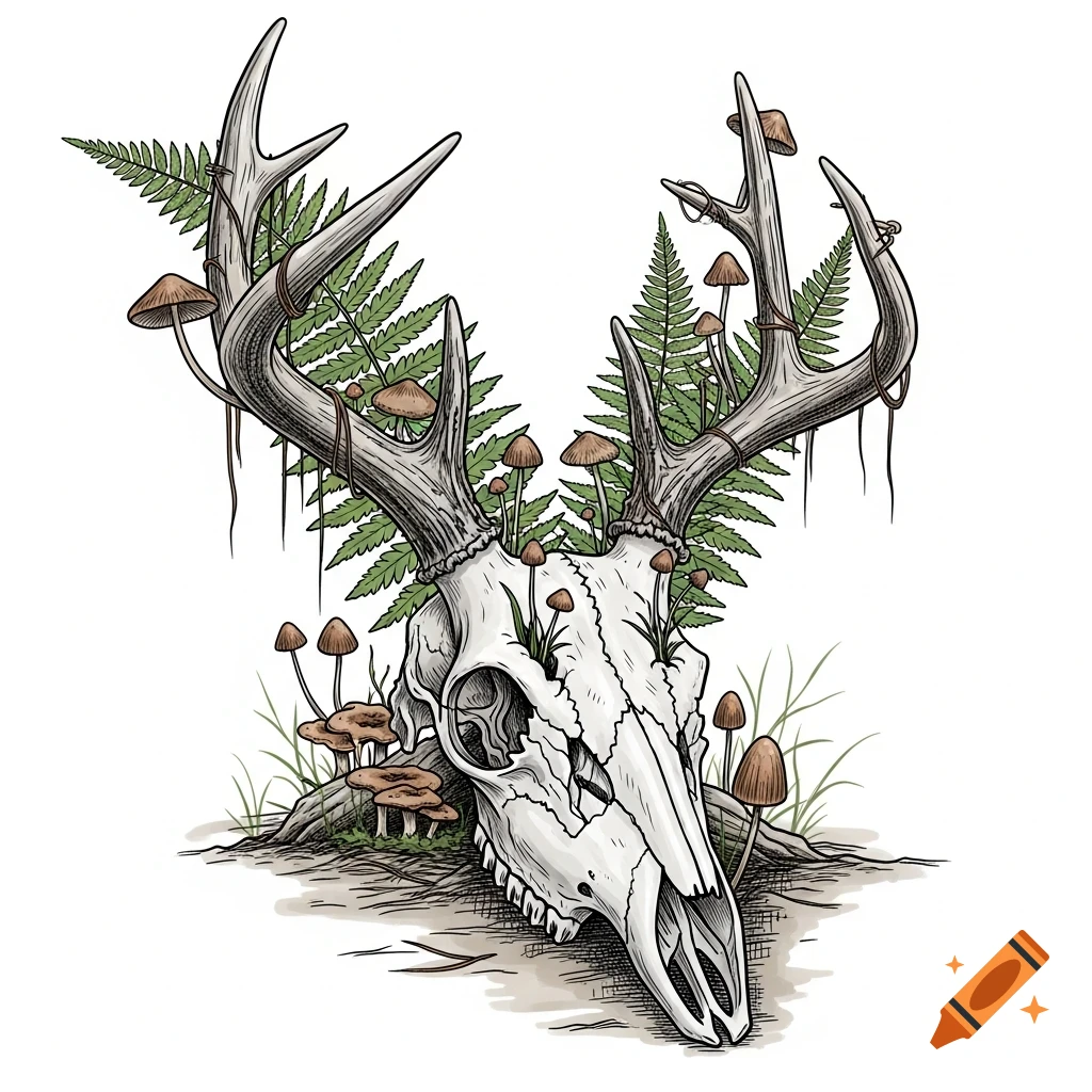 A detailed sketch drawing of a deer skull with antlers, adorned with green ferns and brown mushrooms growing from it.