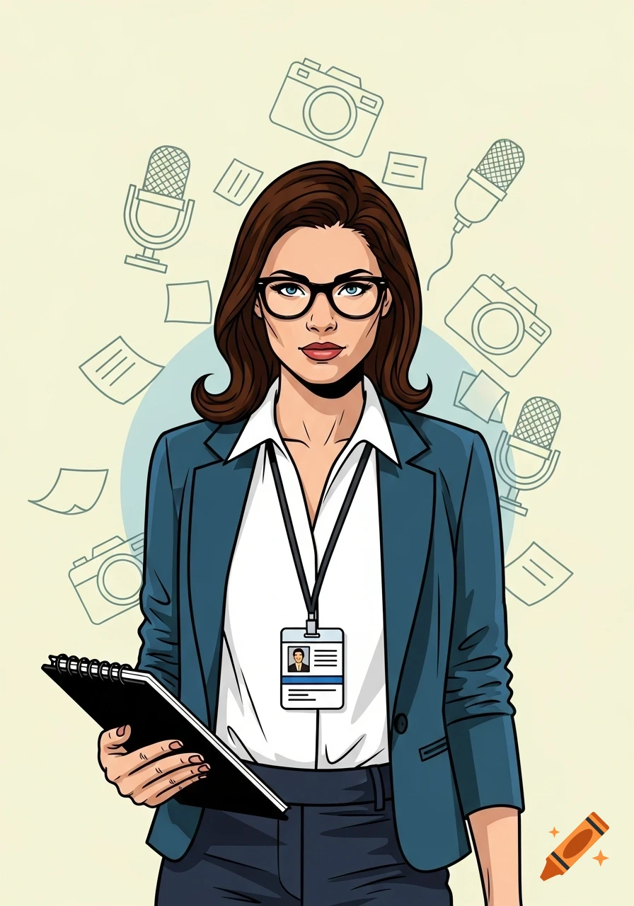 A vector art illustration of a professional woman with glasses, a journalist badge, and a notebook, surrounded by media icons.