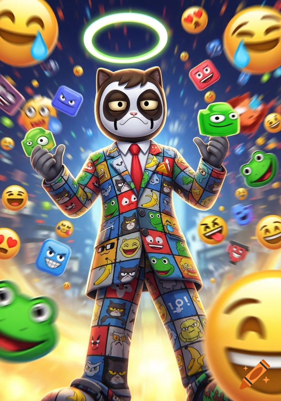 A cartoon cat-like character in an emoji-patterned suit holds green figures amidst floating emojis.