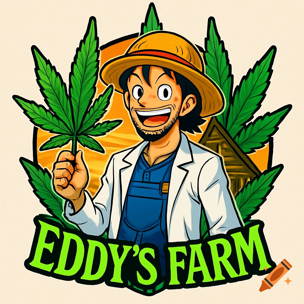 Anime-style logo of a happy farmer holding a cannabis leaf, with "EDDY'S FARM" text below.