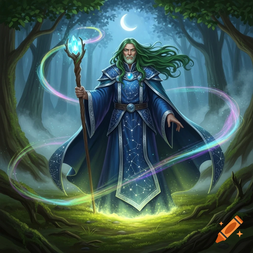 A wizard with green hair and a blue constellation robe holds a glowing staff in a magical forest under a crescent moon, fantasy art.