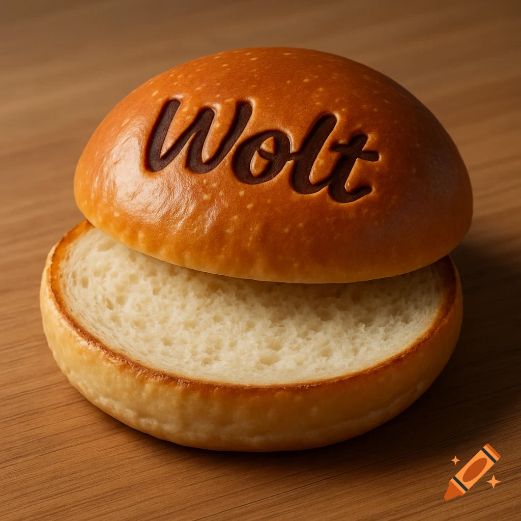 A photorealistic hamburger bun split in half, with 'Wolt' logo baked into the top, resting on a wooden surface.