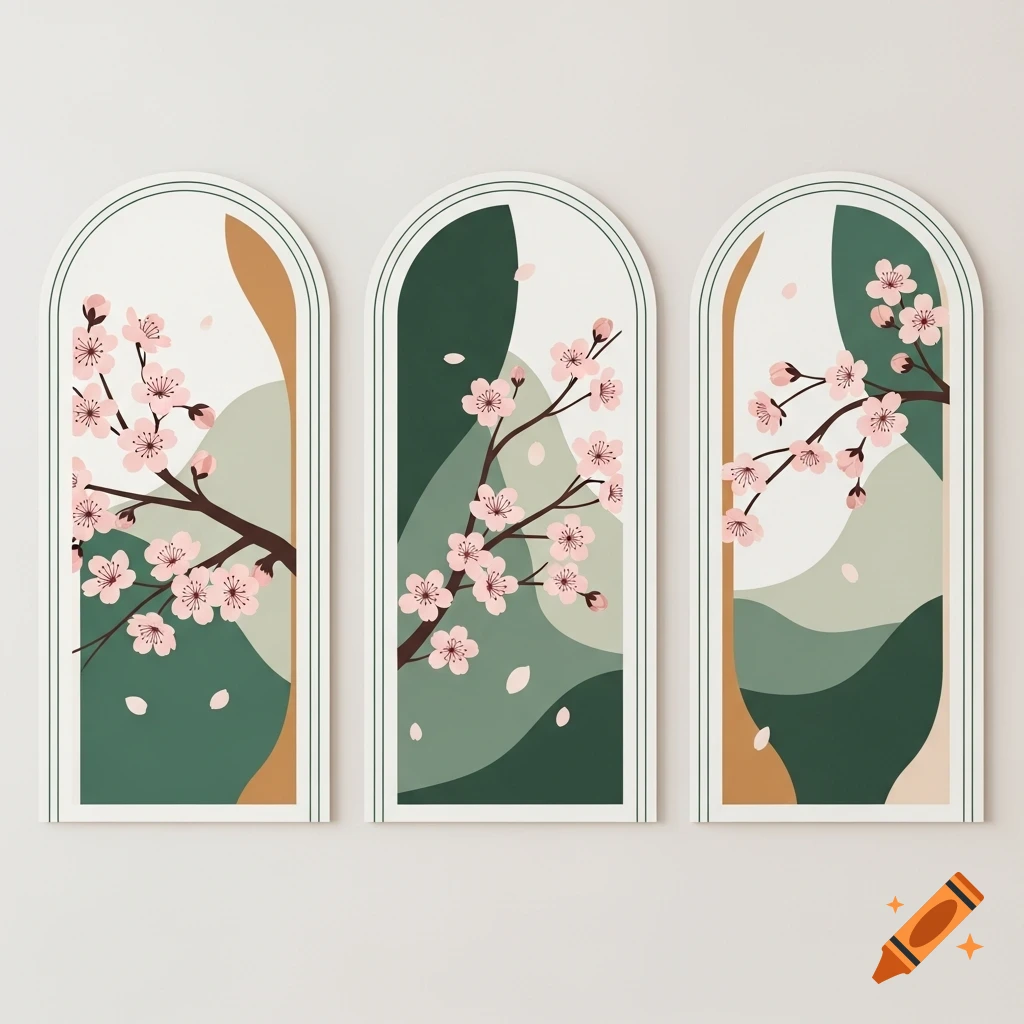 Three arched minimalist artworks depict pink cherry blossoms with green and brown abstract landscapes.