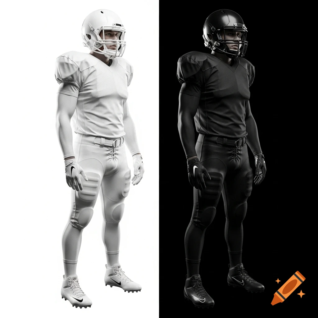 Two realistic American football players, one in white uniform on white background, one in black uniform on black background.