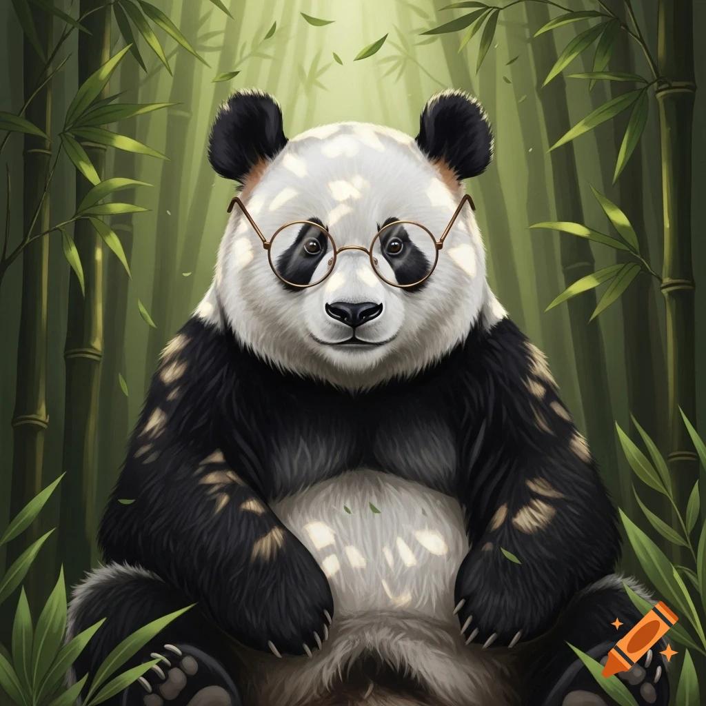 A cute panda wearing round glasses sits in a sun-dappled bamboo forest, digital illustration.