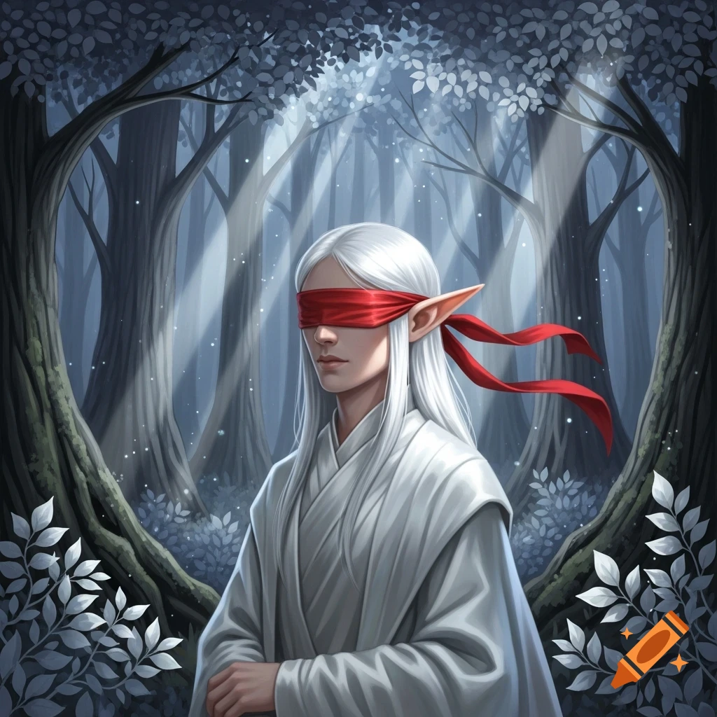 White-haired elf with a red blindfold and white robe stands in a mystical forest with sunbeams. Fantasy art.