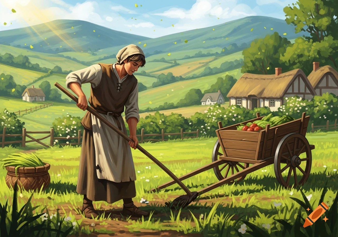 An illustrated peasant works a field with a hoe near a cart of vegetables, set in a sunny, green valley with cottages.