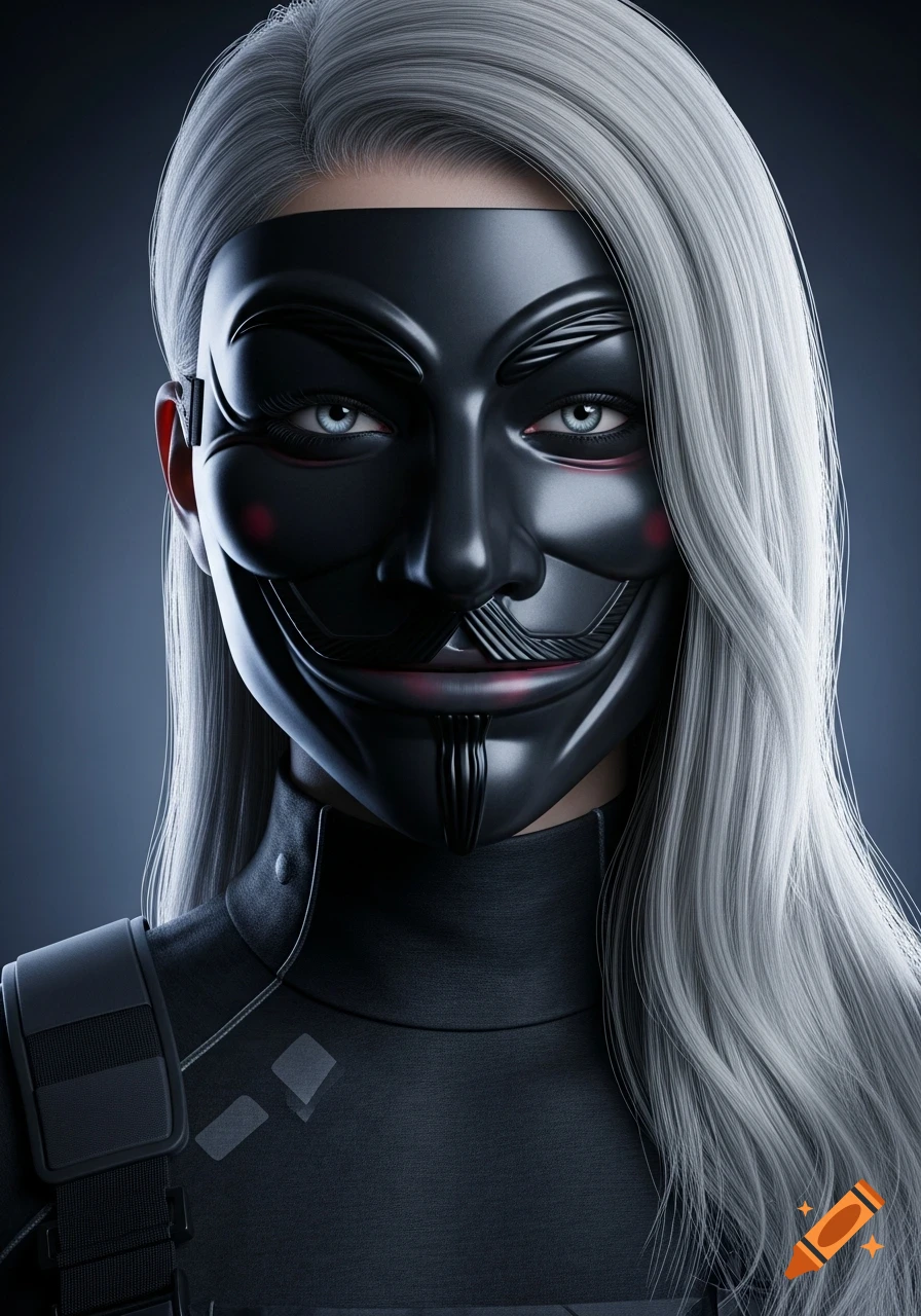 Close-up portrait of a woman with long platinum hair wearing a matte black Guy Fawkes mask and a tactical turtleneck.