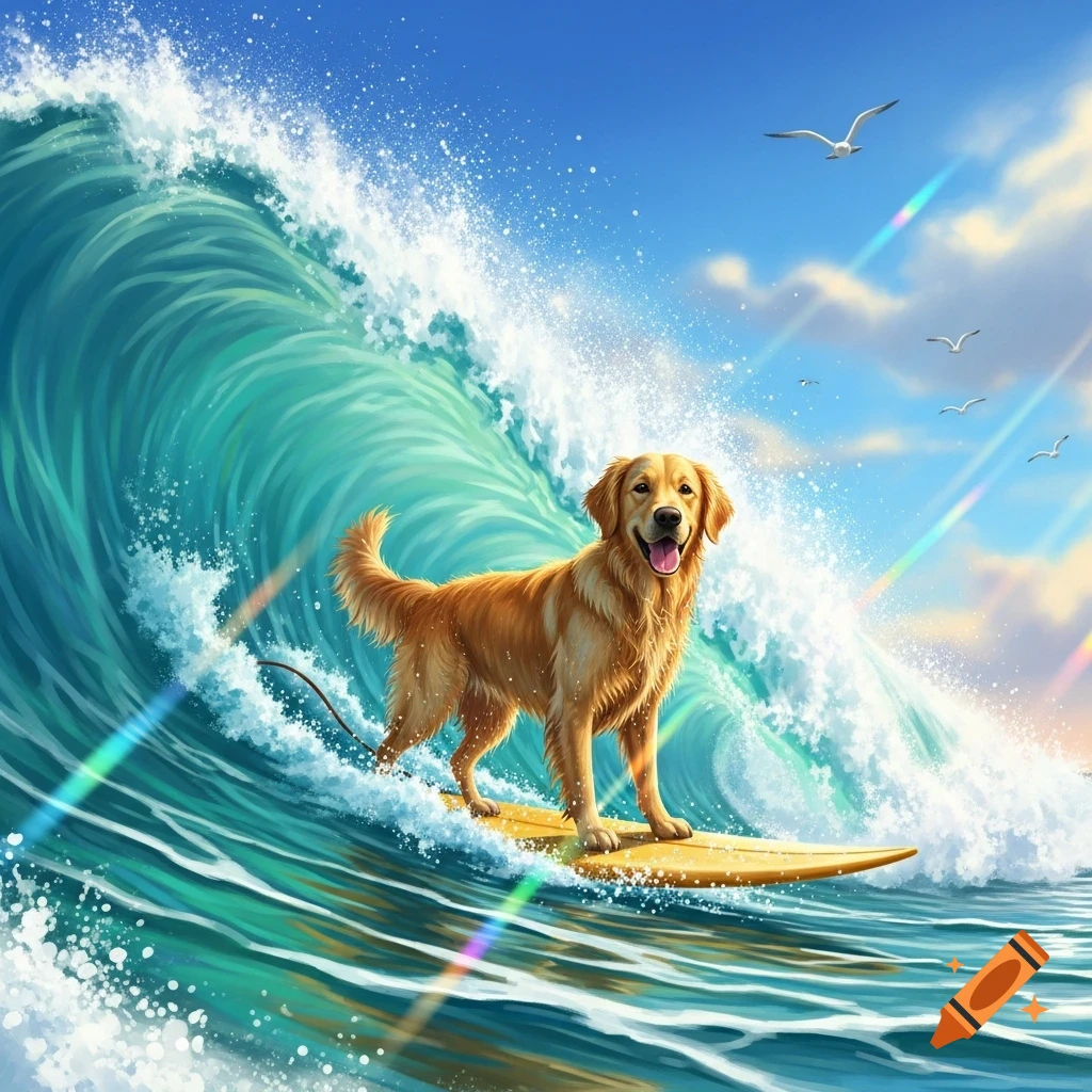 A golden retriever surfs on a yellow surfboard, riding a large blue wave under a sunny sky with seagulls.