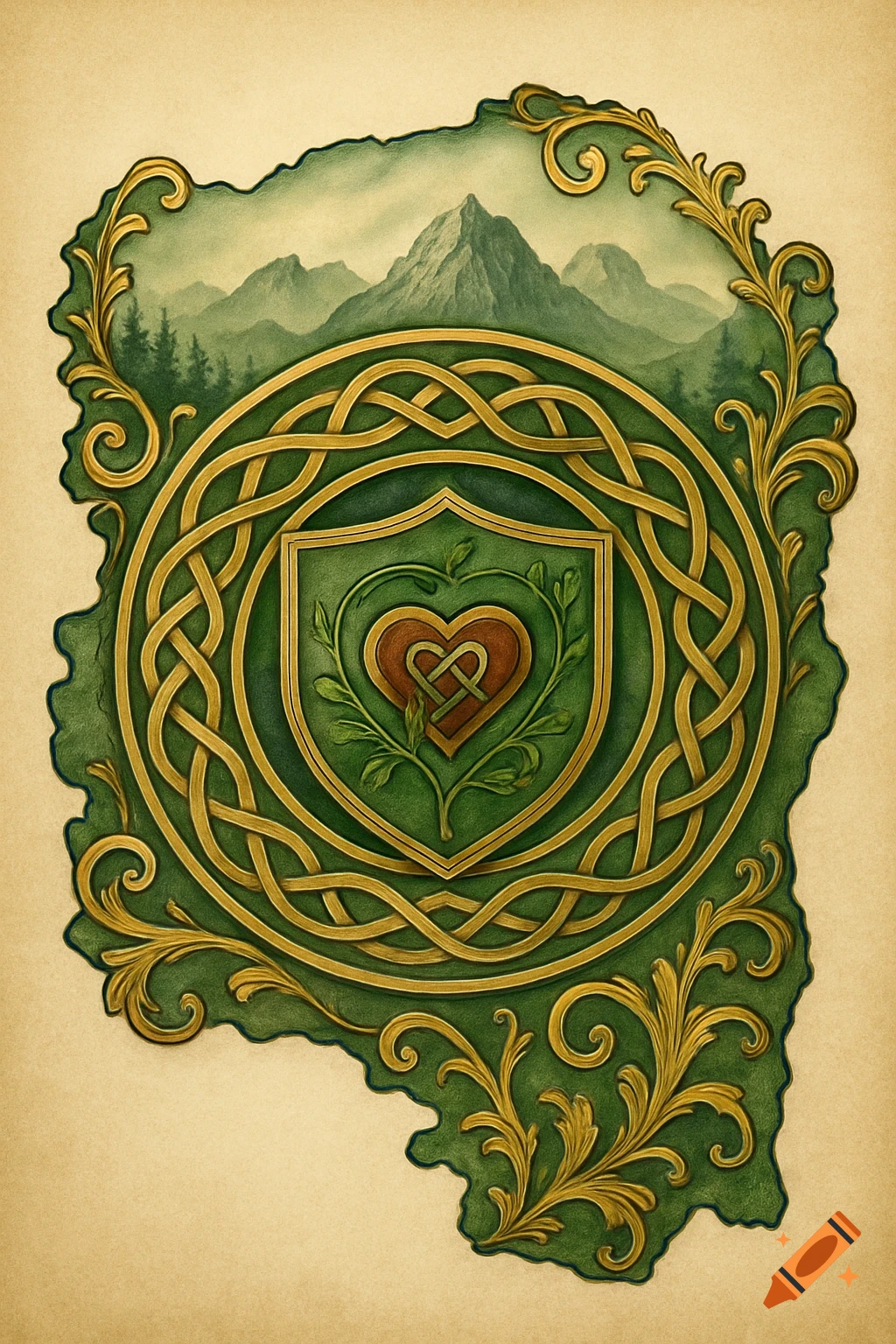 Intricate Celtic knotwork emblem with a heart and leaves, set against misty mountains and pine trees on a parchment-like background.