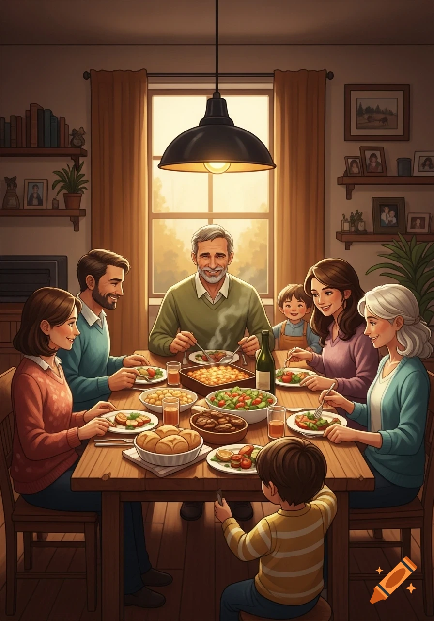 A multi-generational family eats dinner together at a wooden table in a warm, illustrated style.