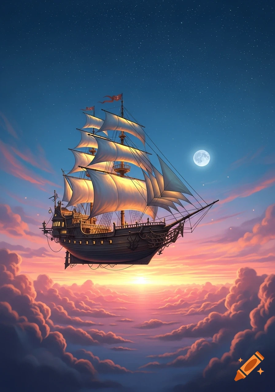 A fantastical sailing ship floats through an orange sunset sky filled with clouds, heading towards a full moon and stars.