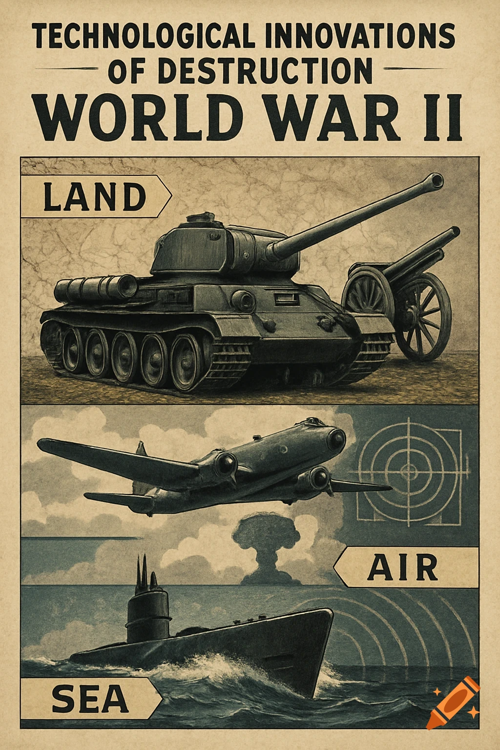 Vintage poster, 'Technological Innovations of Destruction World War II,' featuring a tank, plane, and submarine with 'Land,' 'Air,' 'Sea' labels.