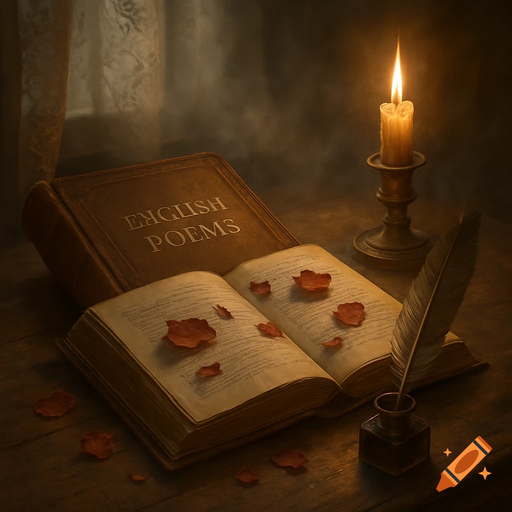 A vintage book titled 'ENGLISH POEMS' open on a table with a quill, ink, a burning candle, and scattered rose petals, in a dark, atmospheric setting.