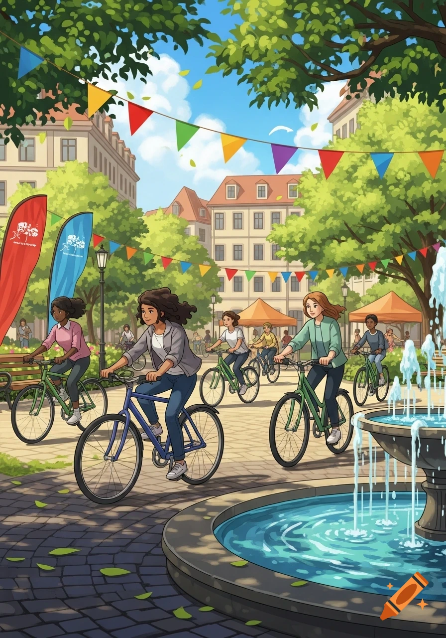 Illustration of diverse people cycling through a festive town square adorned with flags, featuring a fountain and historic buildings.