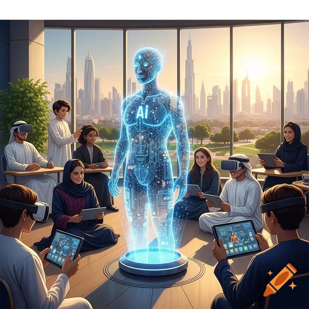 Students in a modern classroom, some wearing VR headsets, observing a glowing holographic AI figure with a city skyline in the background.