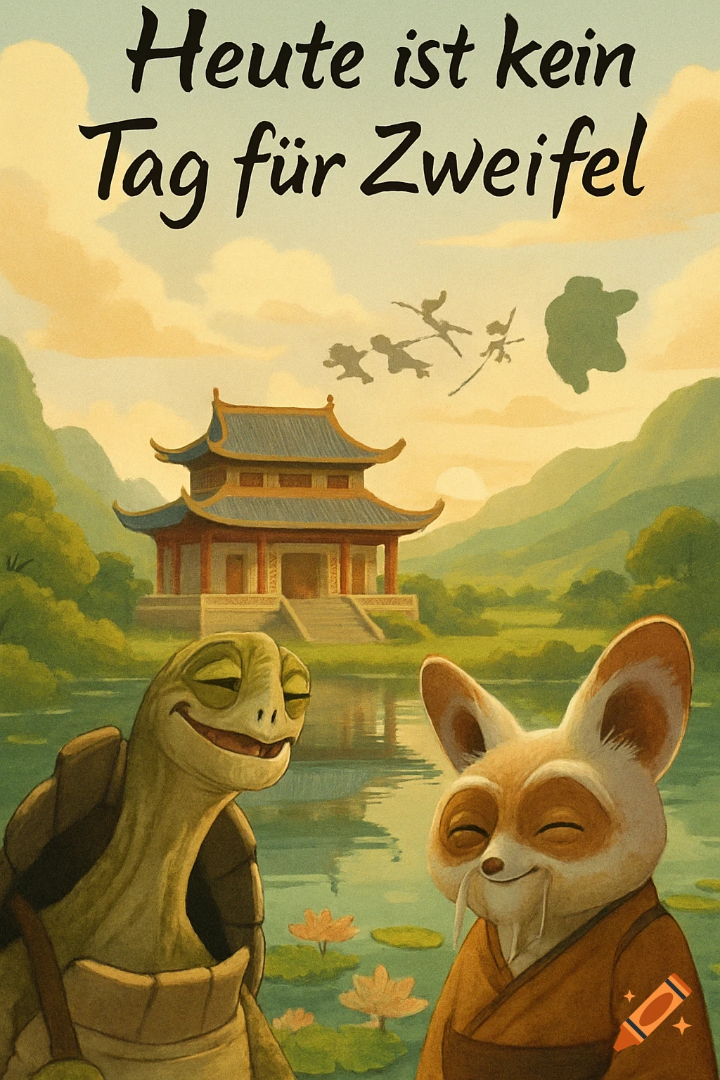 Master Oogway and Master Shifu from Kung Fu Panda smile by a pond with lotus flowers, a temple, and mountains. Text reads 'Heute ist kein Tag für Zweifel'.