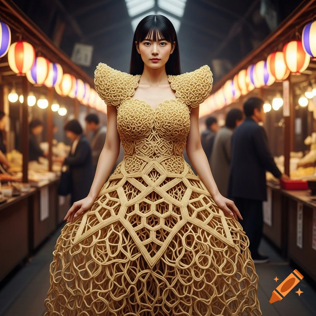 A Japanese woman in a golden dress intricately designed from ramen noodles stands in a bustling Japanese market with lanterns.