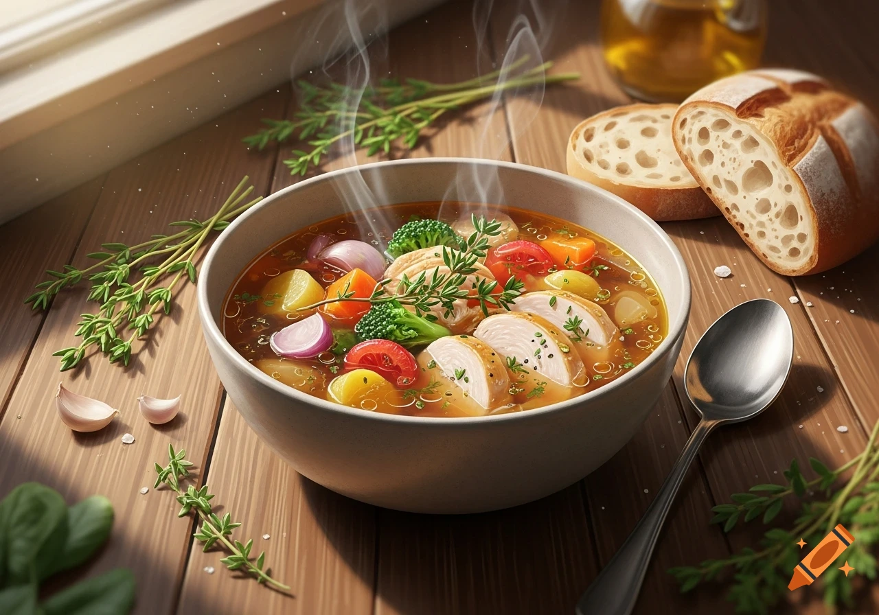 A steaming bowl of chicken and vegetable soup with bread, herbs, and garlic on a wooden table, lit by sunlight.