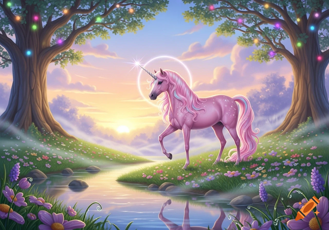A pink unicorn with a sparkling horn stands in a magical forest with glowing trees, colorful flowers, and a stream at sunset.