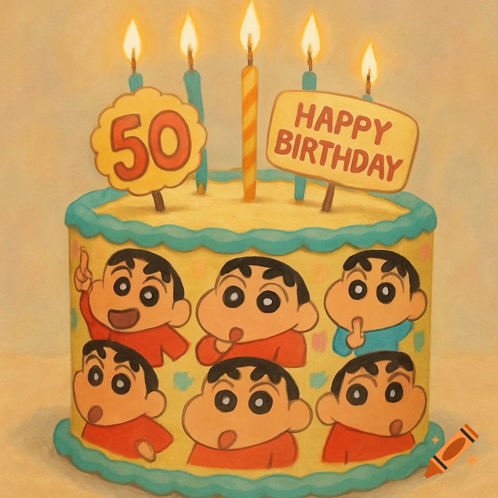 An illustrated birthday cake decorated with Crayon Shin-chan heads, five lit candles, a '50' sign, and a 'Happy Birthday' sign.